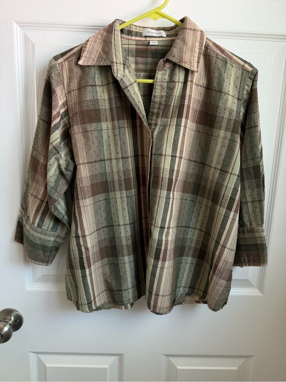 dressbarn woman’s Plaid Button-Up Shirt XL Green Brown Beige 3/4 Sleeve Cotton